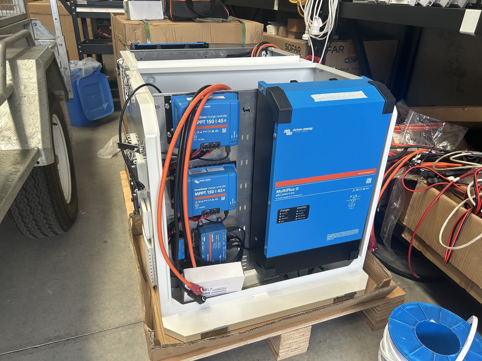 Blue Heeler MK II cabinet showing the Victron inverter and MPPT charge controllers
