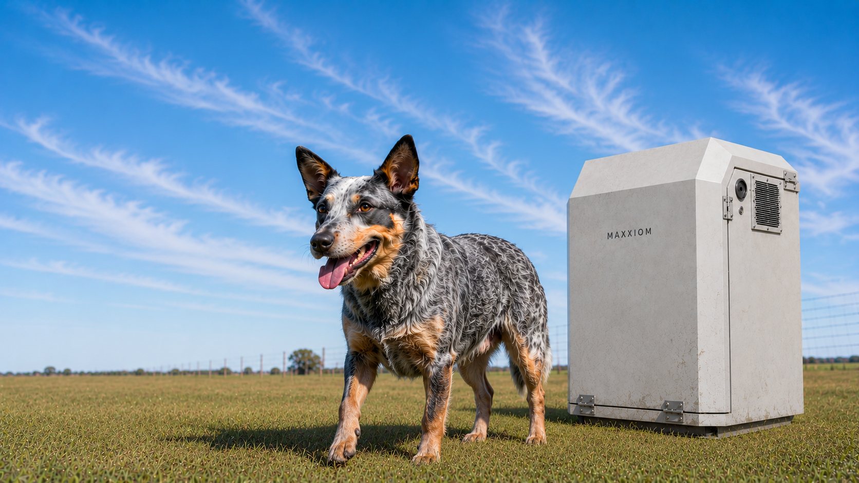 A blue heeler dog standing beside a Maxxiom Blue Heeler PowerBox off-grid power system in an open paddock