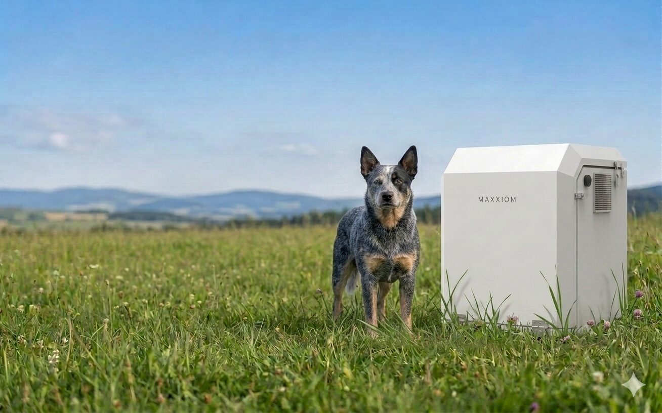 A blue heeler dog standing beside a Maxxiom Blue Heeler PowerBox off-grid power system in an open paddock