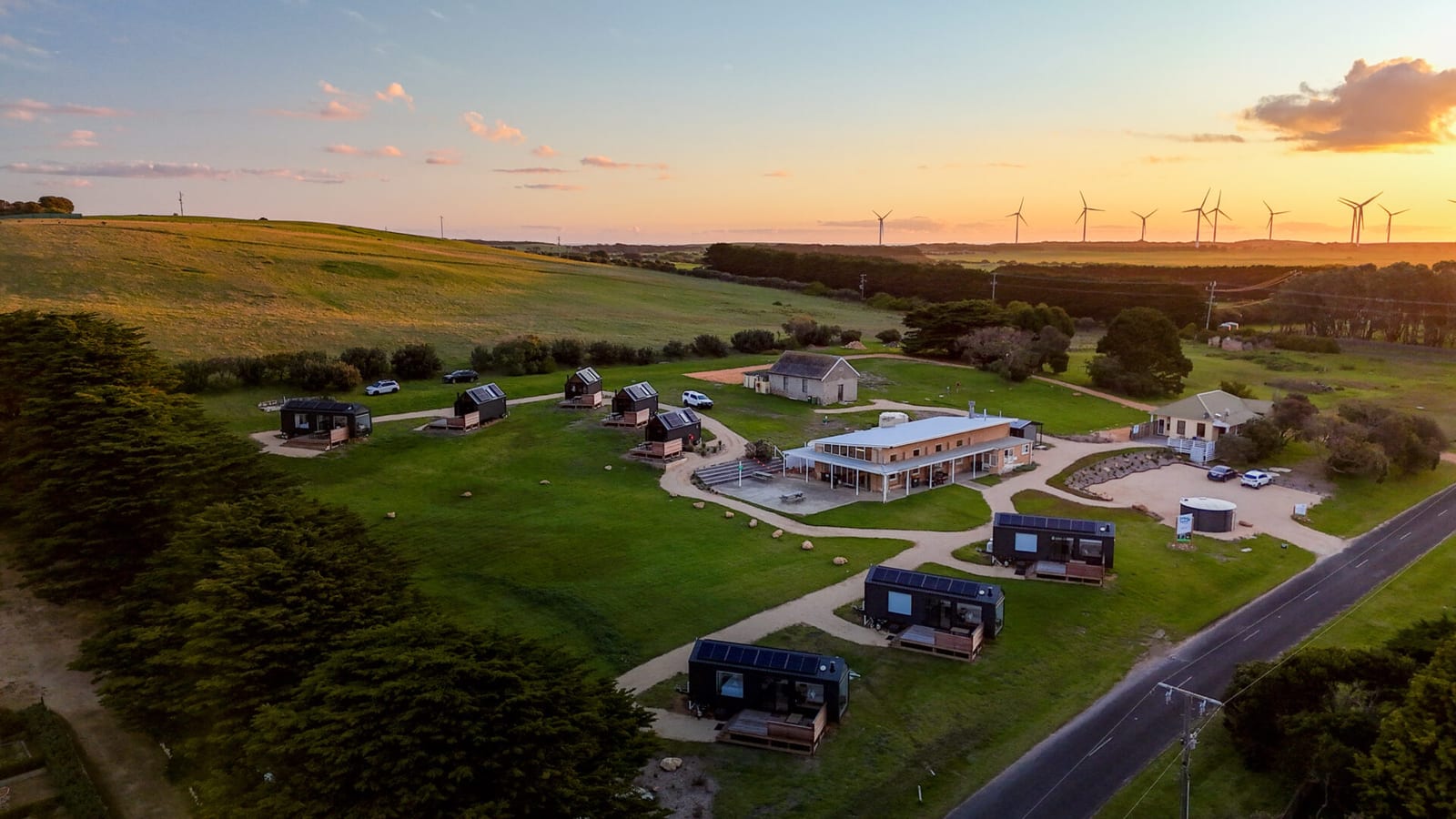 Off-grid community powered by Maxxiom systems, aerial view