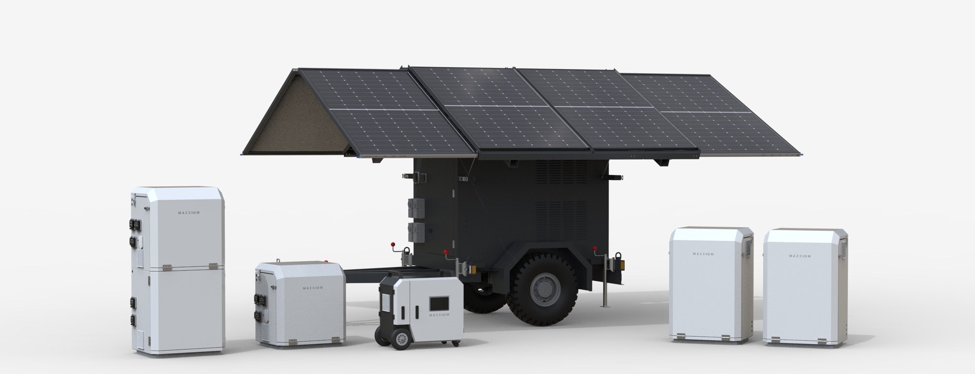 The Maxxiom product range: Blue Heeler EX, Mastiff, Blue Heeler and Kelpie MK II PowerBox cabinets, the Kelpie Portable power station and a transportable solar trailer